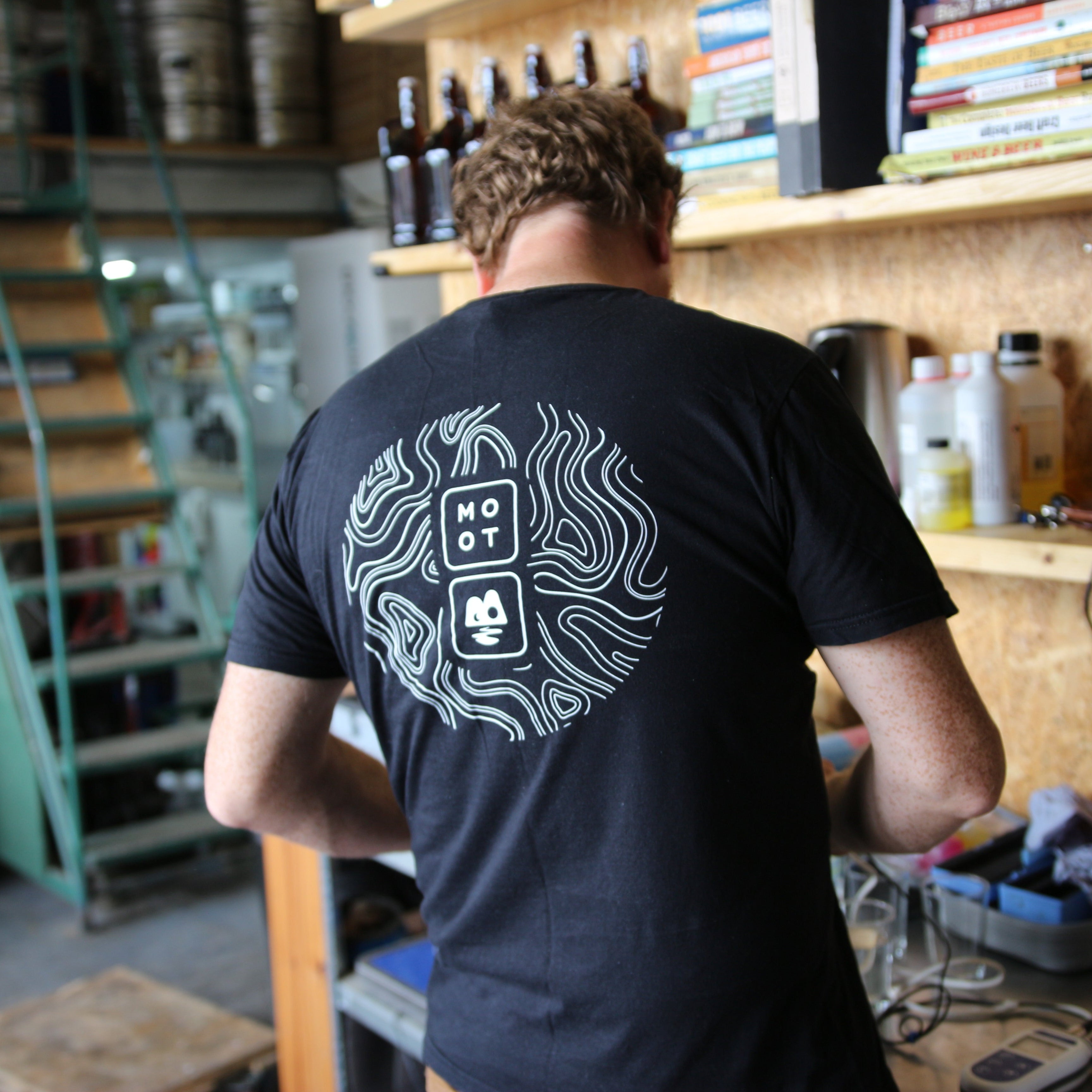 Close-up of Moot Brewery & Taproom logo printed on t-shirt