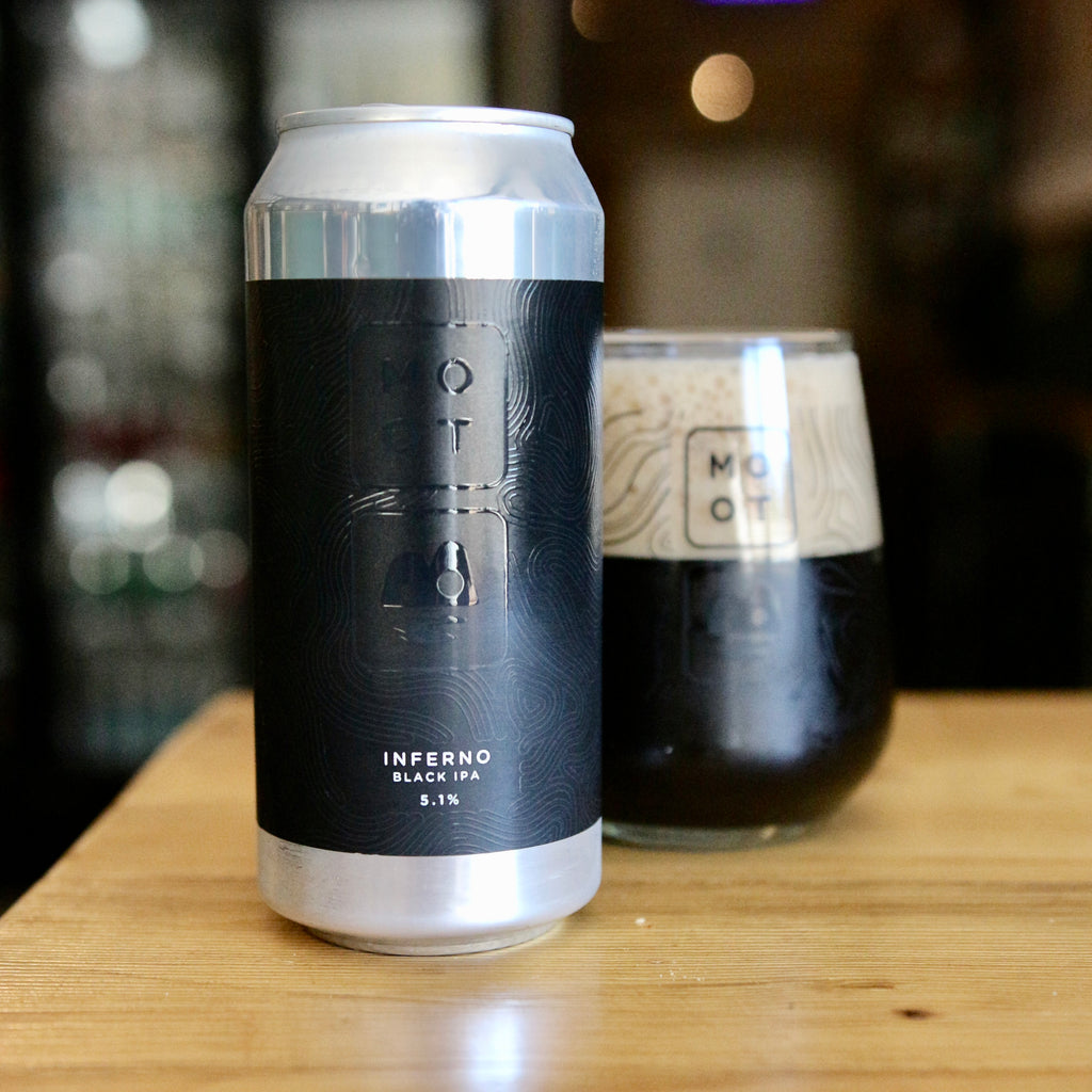 Inferno Black IPA can – dark craft beer with fiery label, 5.1% brewed in the UK