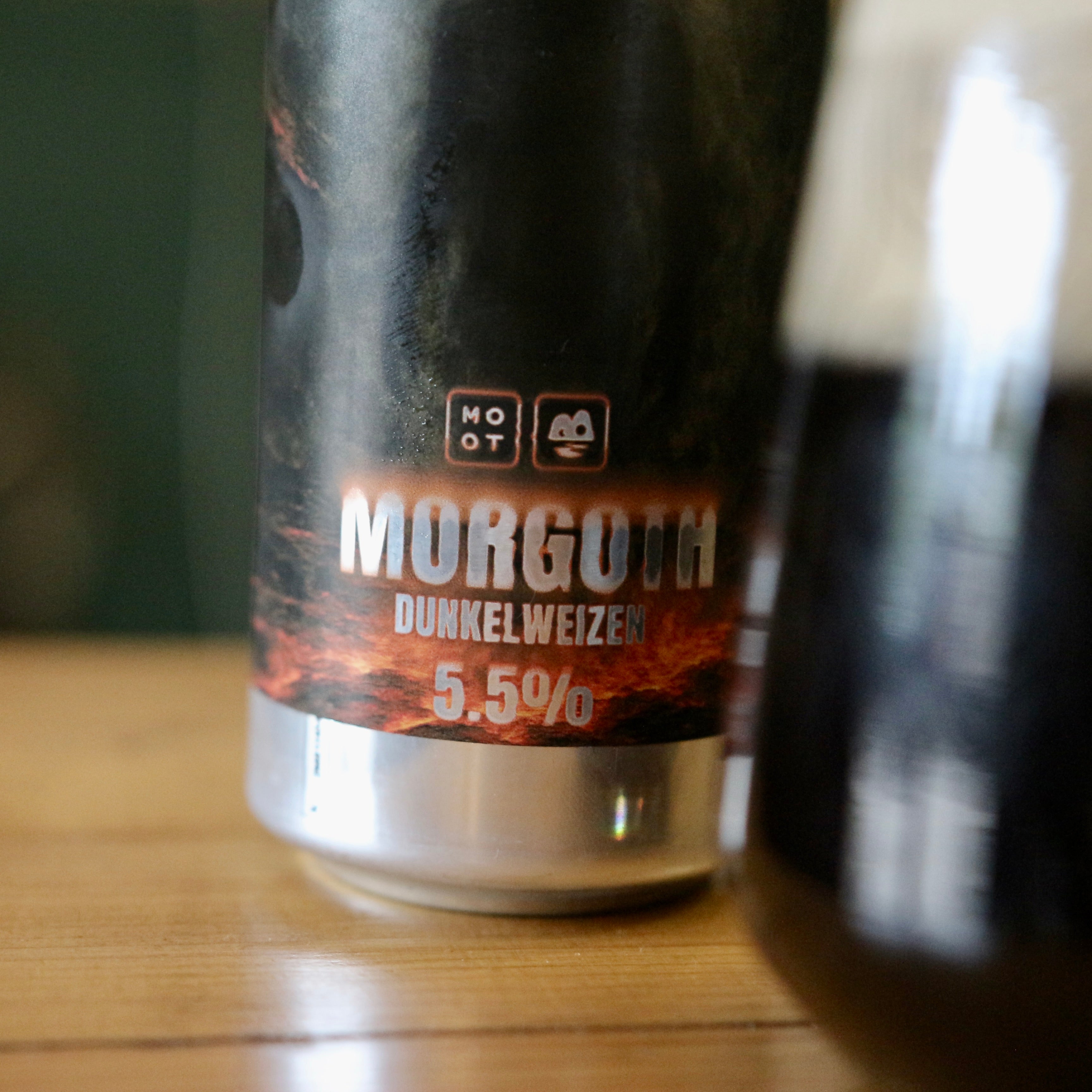 Close-up MORGOTH Dunkelweizen beer label showing dark wheat design and branding